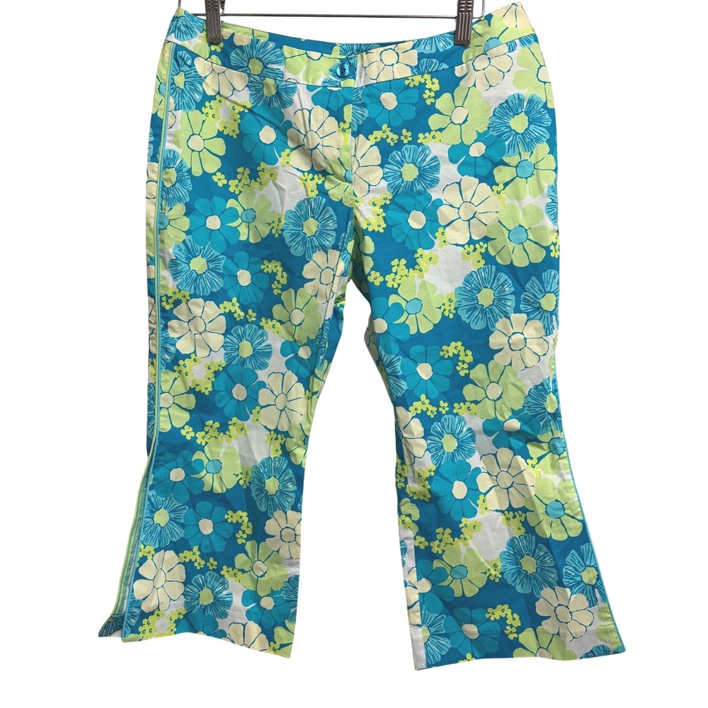 Lilly Pulitzer Floral Preppy Crop Pants Resort Blue Green Cotton Stretch 6
